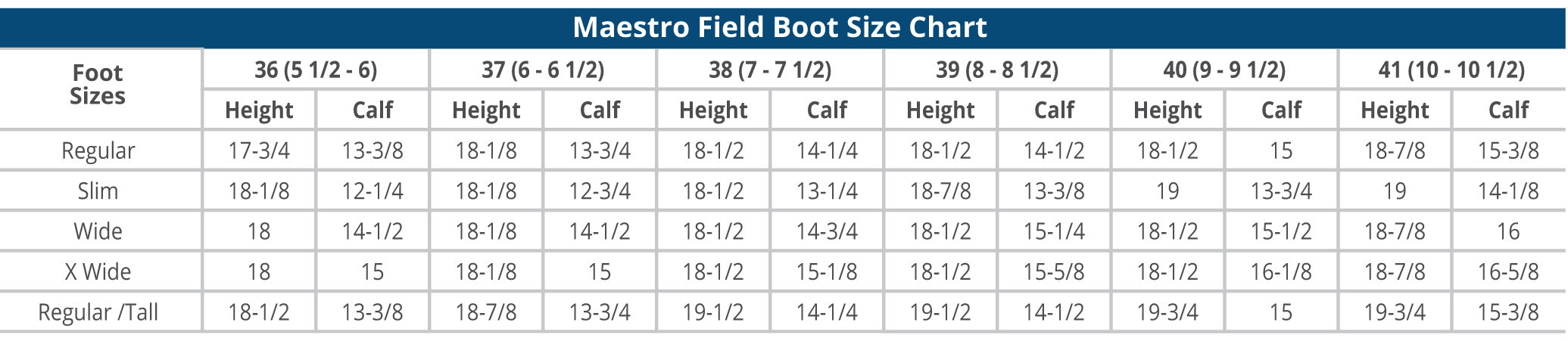 Ovation Field Boot Size Chart